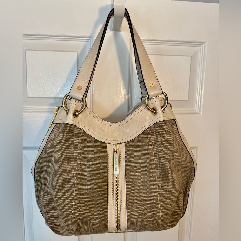 Michael Kors Moxley Hemp Ivory Medium Shoulder Tote Bag Zipper Accents